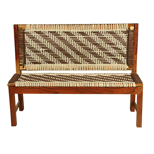 White and Brown Handmade Wooden Bench Knitted with Cotton Dori