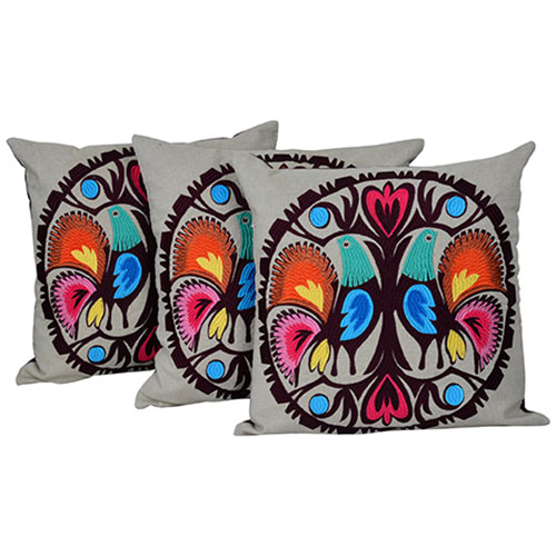 Multicolor Set of 3 Cotton Embroidery Chambray Cushion Cover