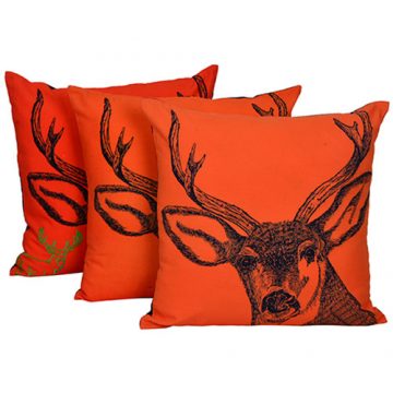 Set of 3 Swamp Deer Printed Cotton Orange Cushion Cover