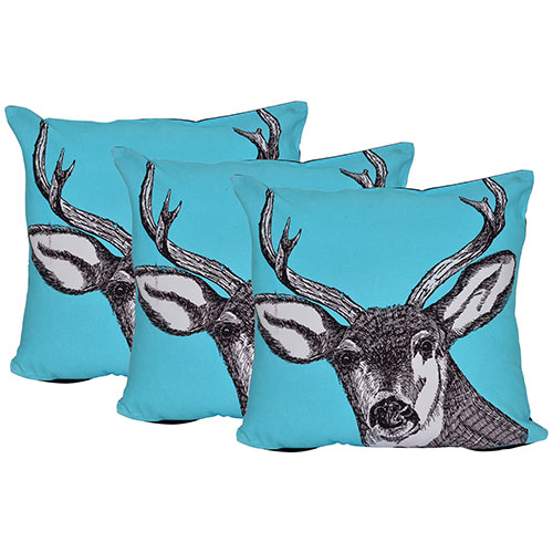 Set of 3 Blue and Black Swamp Deer Print Cotton Cushion Cover