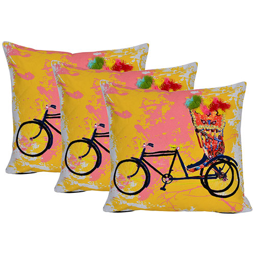 Set of 3 Multi Color Bicycle Print Cotton Cushion Covers