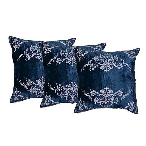 Machine Embroidered Velvet Blue Color Set of 3 Cushion Cover