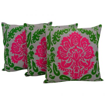 Set of 3 Pink & Green Embroidered Chambray Cotton Cushion Cover