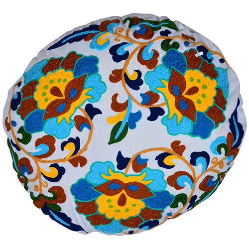 Multicolor Flowers Embroidery Round Organic Cotton Cushion Cover