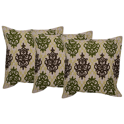 Beige Color Embroidered Cotton Cushion Cover Set of 3