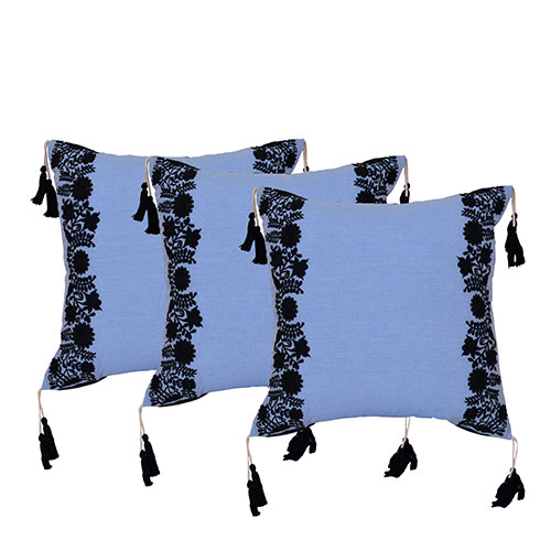 Set of 3 Cotton Embroidered Black and Blue Cushion Cover