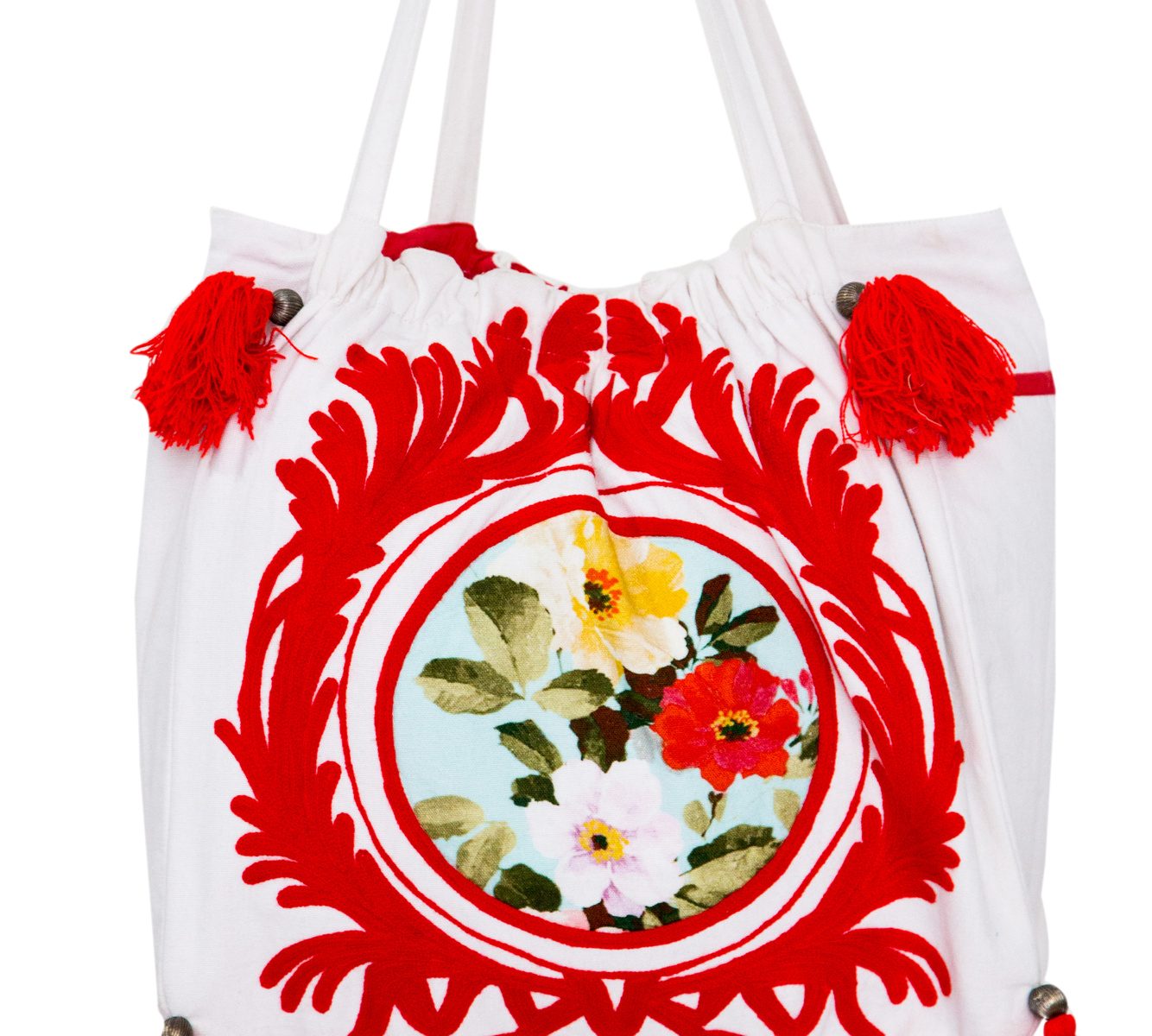 White and Red Cotton Tote Bag