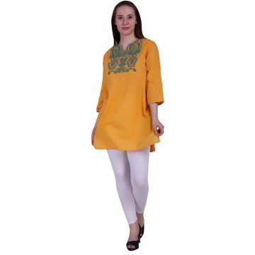 Embroidered Cambric Fabric With Yellow And Green Yoke Color Short Kurti (NETRA)