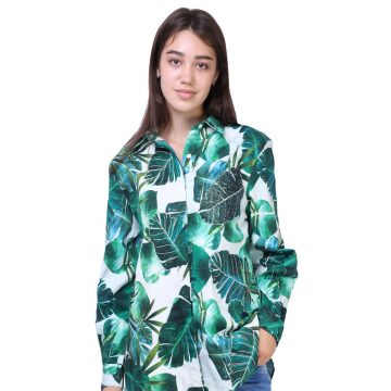 Green Digital Leaf Print Cotton Lycra Shirt