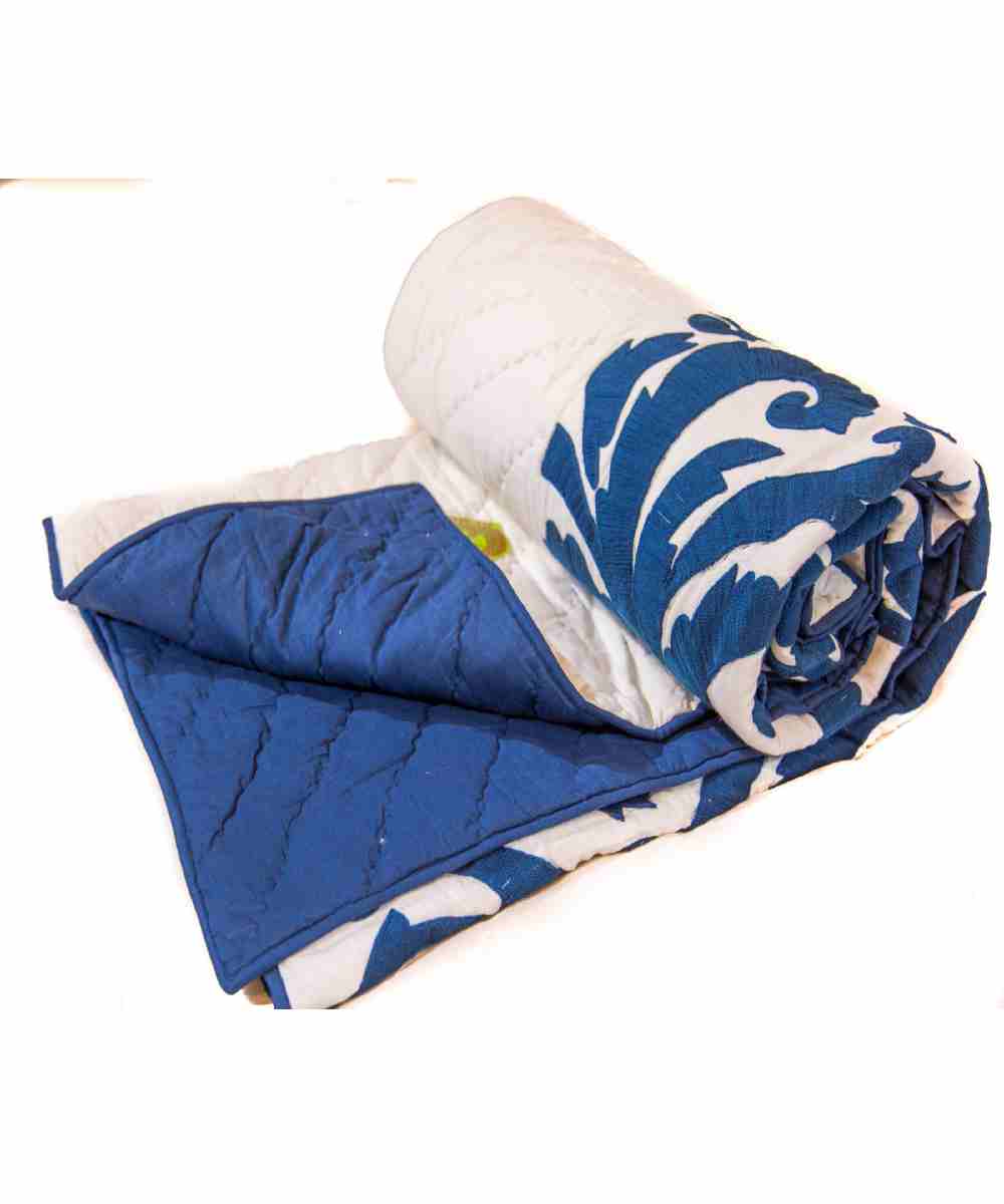 Blue and White Woolen Embroidered Jaipuri Cotton Voile Quilt