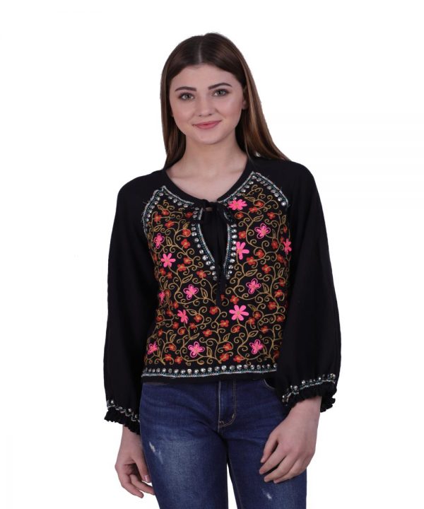 Black Cotton Embroidered Jacket for Women