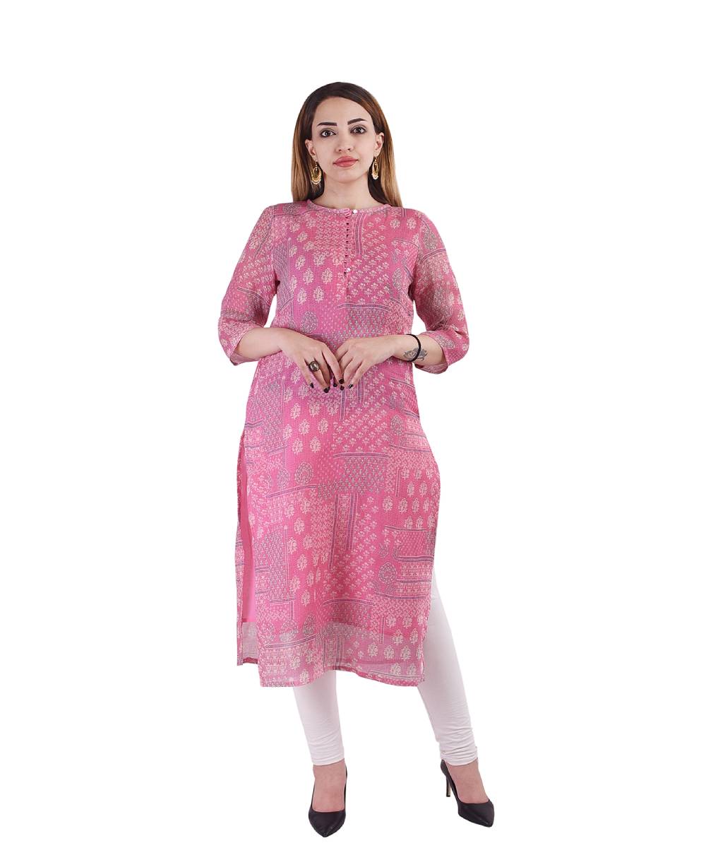 Pink linen printed kurta