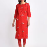 3D MIRROR  EFFECT EMBROIDERED RED 100% ORGANIC COTTON  KURTA