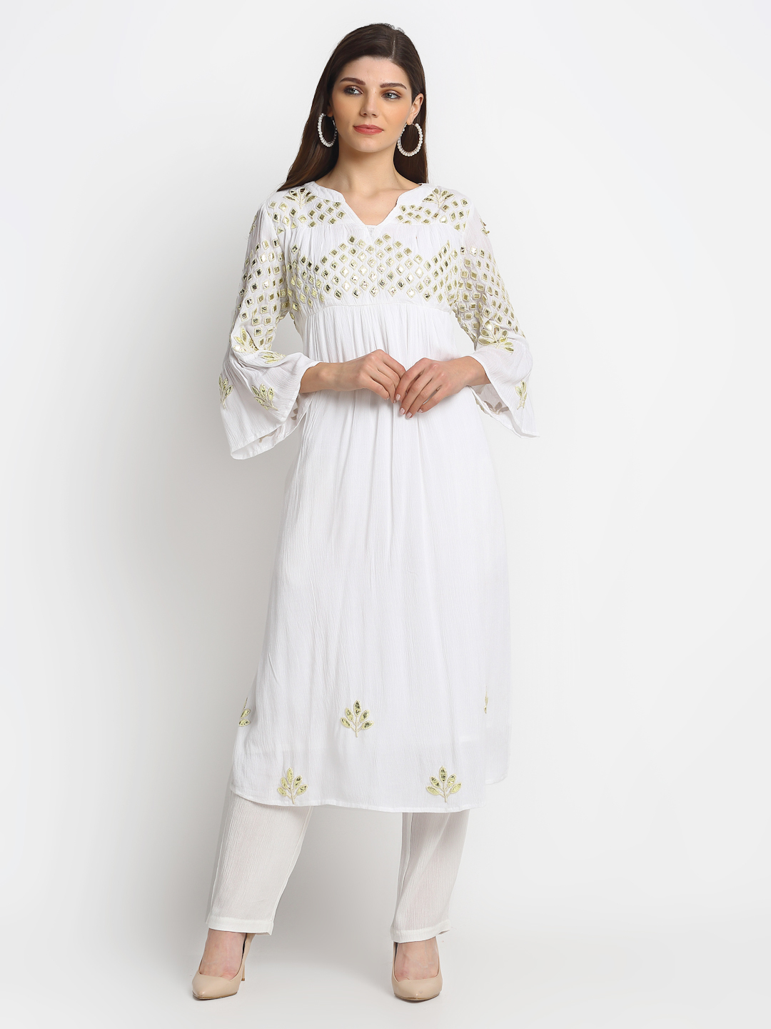 100% ORGANIC VISCOSE   KURTI WITH 3D EMBROIDERED MIRROR EFFECT AND PANT "