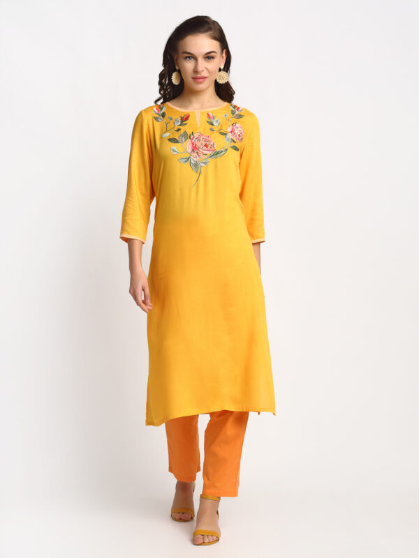 YELLOW FLORAL EMBROIDERED 100 % PURE VISCOSE RAYON KURTA SET