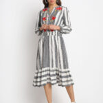 BLUE STRIPED EMBROIDERED 100% PURE ORGANIC  COTTON DRESS