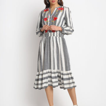 BLUE STRIPED EMBROIDERED 100% PURE ORGANIC  COTTON DRESS