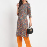 " GREY 100% PURE ORGANIC FLORAL PRINTED  VISCOSE KURTA "