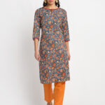 " GREY 100% PURE ORGANIC FLORAL PRINTED  VISCOSE KURTA "