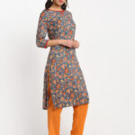 " GREY 100% PURE ORGANIC FLORAL PRINTED  VISCOSE KURTA "