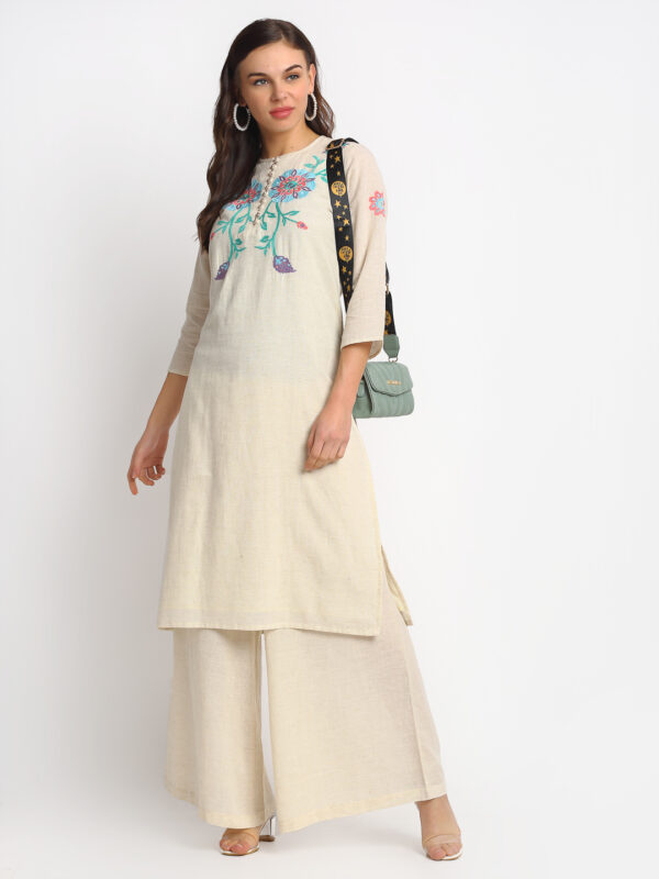 " OFF WHITE FLOWER EMBROIDERED 100% ORGANIC COTTON  KURTA PALAZZO SET "