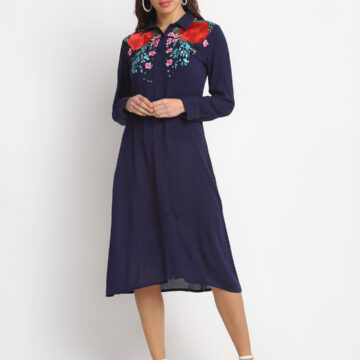 BLUE EMBROIDERED 100% PURE ORGANIC CREPE RAYON  DRESS