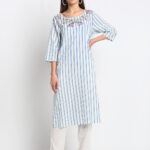 WHITE AND BLUE SELF STRIPED 100% ORGANIC EMBEROIDED KURTA