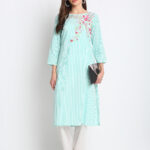 MINT GREEN EMBROIDERED 100% ORGANIC COTTON SELF STRIPED EMBROIDERED KURTA