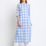 " BLUE 100% PURE ORGANIC COTTON BLOCK PRINTED , MANDARIN COLLAR KURTA WITH  PEACOCK PRINT   "
