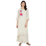 OFF WHITE FLOWER EMBROIDERED 100% ORGANIC COTTON FLEX KURTA PALAZZO SET