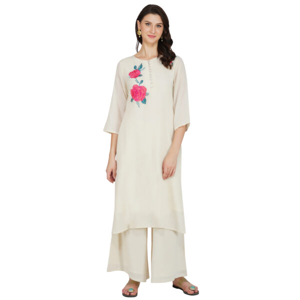 OFF WHITE FLOWER EMBROIDERED 100% ORGANIC COTTON FLEX KURTA PALAZZO SET