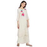 OFF WHITE FLOWER EMBROIDERED 100% ORGANIC COTTON FLEX KURTA PALAZZO SET