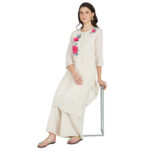 OFF WHITE FLOWER EMBROIDERED 100% ORGANIC COTTON FLEX KURTA PALAZZO SET