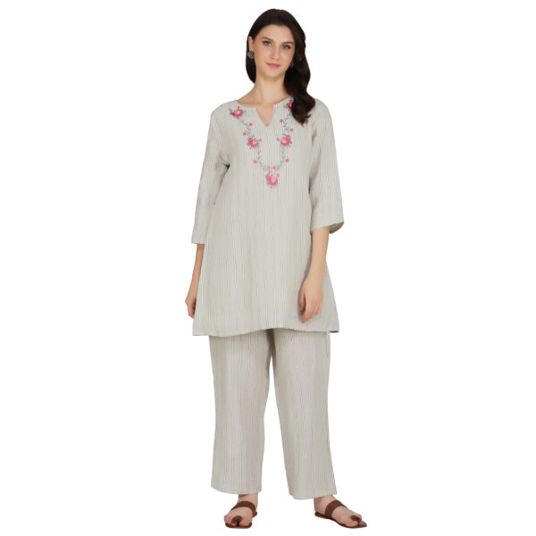 GREY-BEIGE 100% PURE ORGANIC LINEN  EMBROIDERY CO-ORD SET