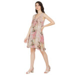 PINK 100% PURE ORGANIC LINEN DIGITAL FLORAL PRINT SHORT DRESS