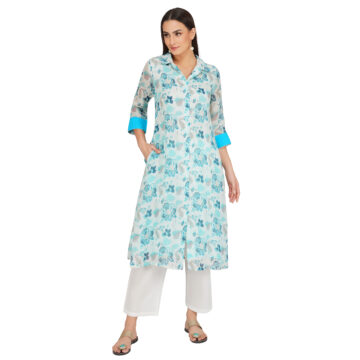 BLUE 100% PURE ORGANIC LINEN DIGITAL FLORALPRINT KURTA & PANT SET BLUE 100% PURE ORGANIC LINEN DIGITAL FLORALPRINT KURTA & PANT SET