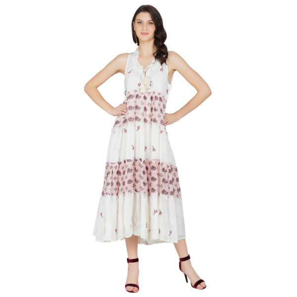 WHITE AND PINK 100% PURE ORGANIC LINEN DIGITAL PRINT/ EMBROIDERY DRESS