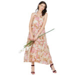 BEIGE AND FUSCIA 100% PURE ORGANIC LINEN DIGITAL PRINT DRESS