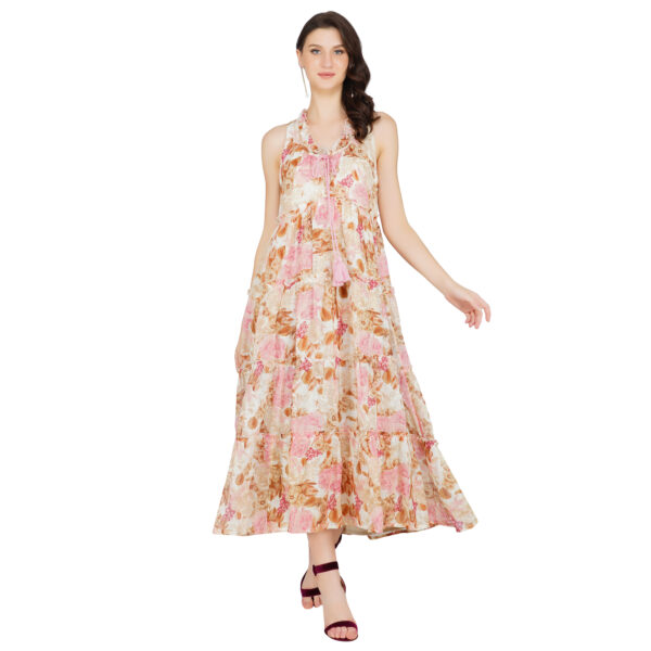 BEIGE AND FUSCIA 100% PURE ORGANIC LINEN DIGITAL PRINT DRESS