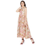 BEIGE AND FUSCIA 100% PURE ORGANIC LINEN DIGITAL PRINT DRESS
