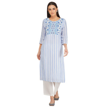 BLUE 100% PURE ORGANIC LINEN PRINTED EMBROIDERY KURTA & PANT SET BLUE 100% PURE ORGANIC LINEN PRINTED EMBROIDERY KURTA & PANT SET