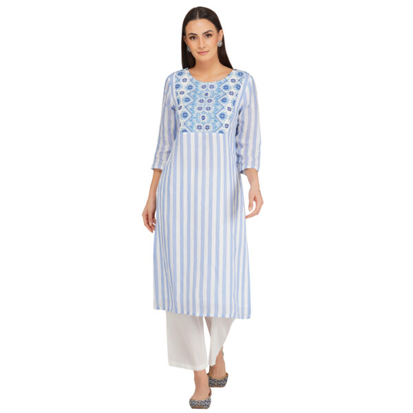 BLUE 100% PURE ORGANIC LINEN PRINTED EMBROIDERY KURTA & PANT SET