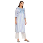 BLUE 100% PURE ORGANIC LINEN PRINTED EMBROIDERY KURTA & PANT SET