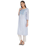 BLUE 100% PURE ORGANIC LINEN PRINTED EMBROIDERY KURTA & PANT SET