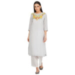 BLUE 100% PURE ORGANIC LINEN EMBROIDERY KURTA & PANT SET