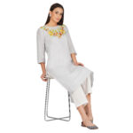 BLUE 100% PURE ORGANIC LINEN EMBROIDERY KURTA & PANT SET