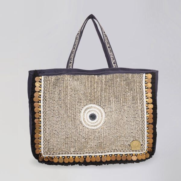 Dark Blue Jute and Velvet Handbag
